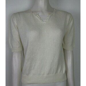 VINTAGE WOMEN'S IVORY WHITE SHORT SLEEVE SWEATER - WEATHERVANE - SIZE L